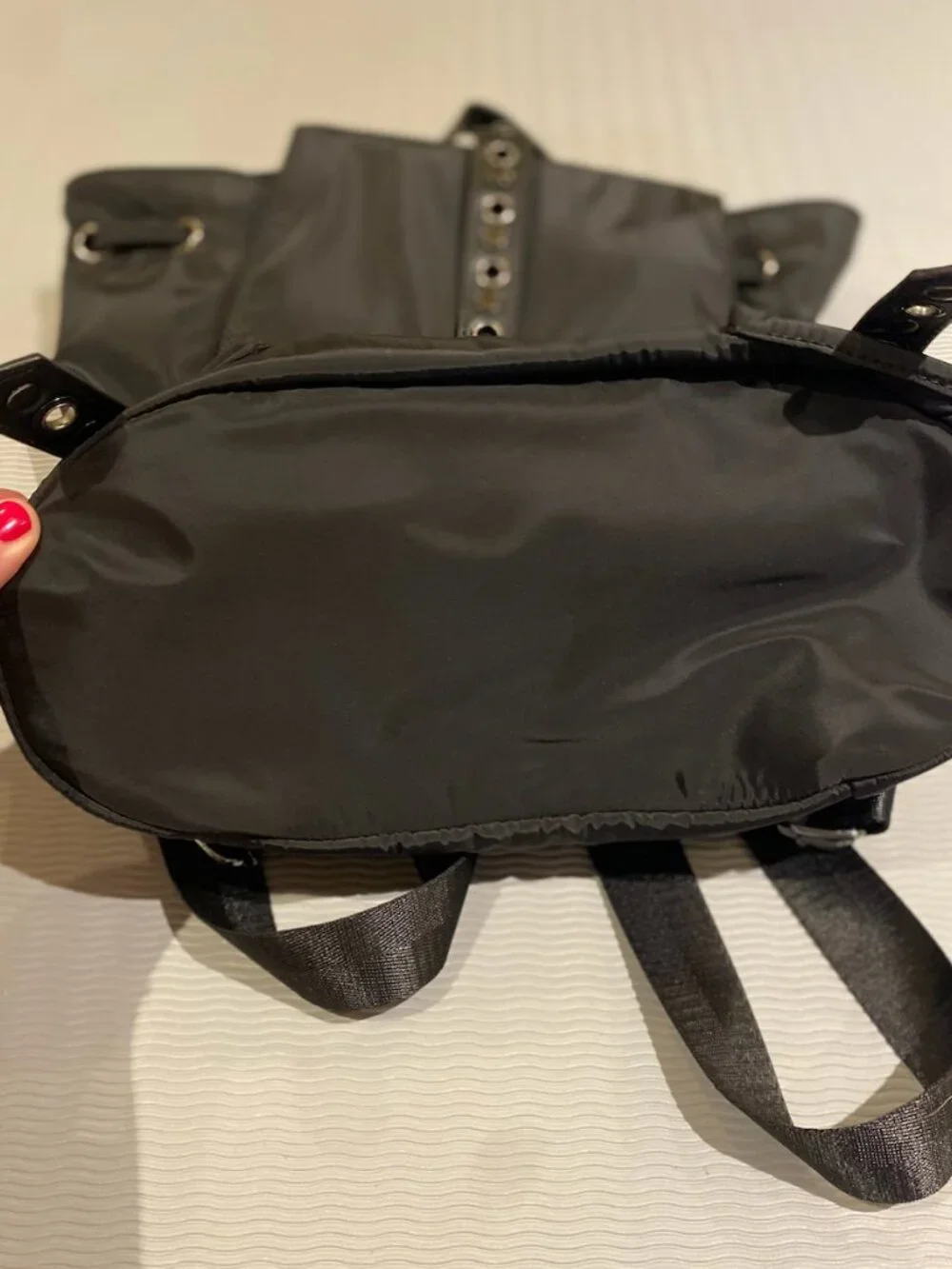 Saint + Sofia Studded Nylon Adjustable Strap Backpack with Silver Grommet Design